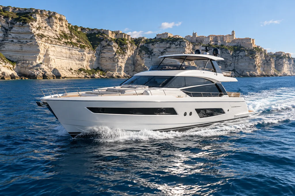 Motor yacht off Bonifacio with its hull and deck layout visible