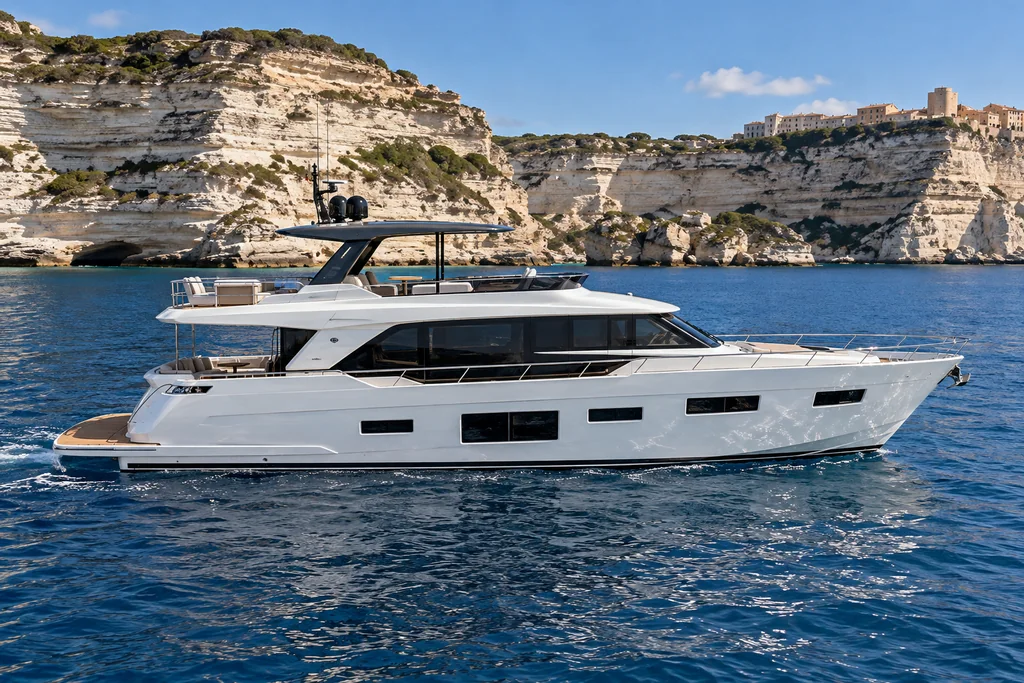 Yacht à moteur au large de Bonifacio, coque et espaces de pont visibles